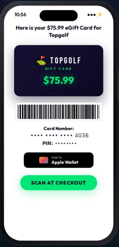 TapNPay+ merchant digital gift card for the exact amount, ready to scan or add to Apple Wallet